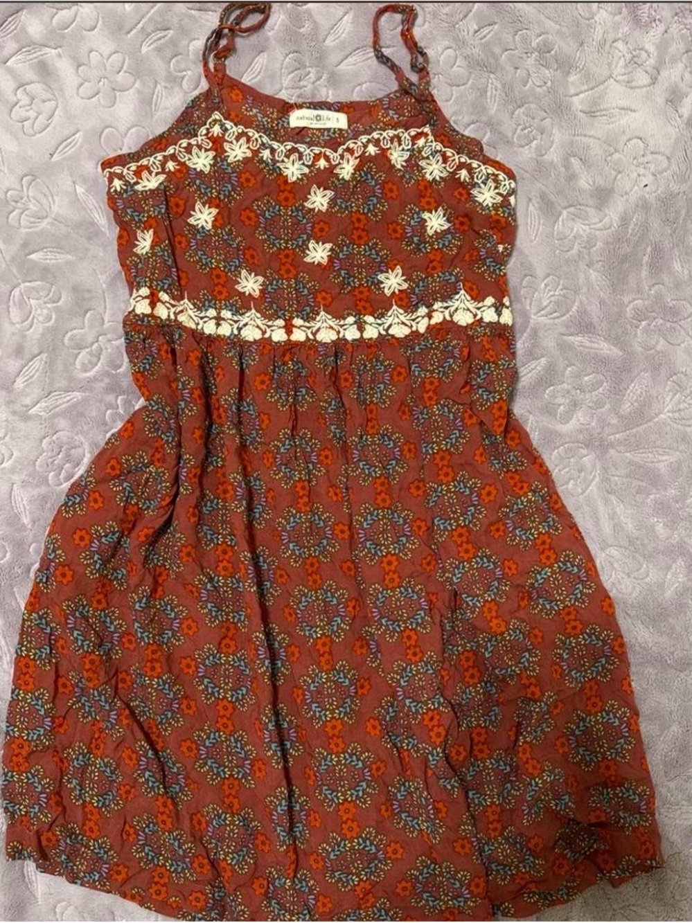 NATURAL LIFE Fall Rust Floral Mini Dress with Cream Crochet Trim